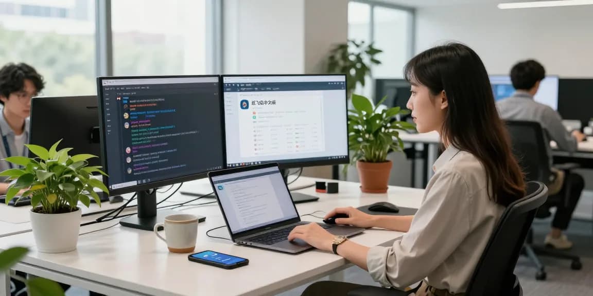 Workspace featuring 纸飞机中文版 on laptop, collaborative tech environment with natural light and modern decor.