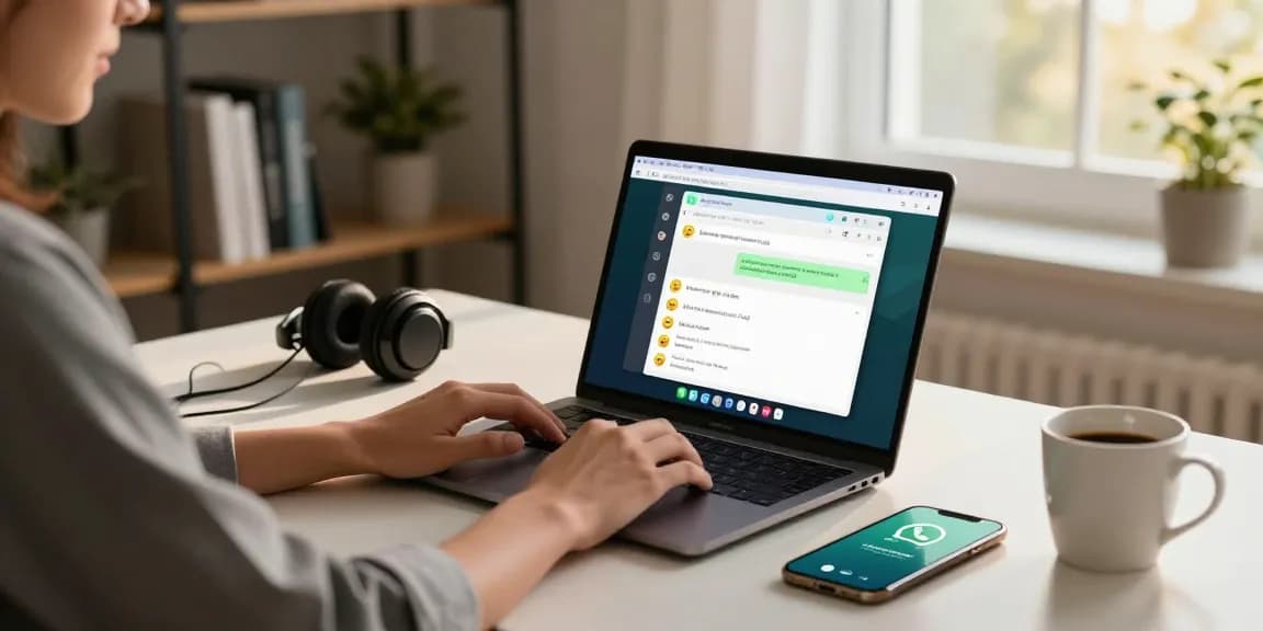 Using WhatsApp電腦版 on a modern home office setup with laptop and smartphone.