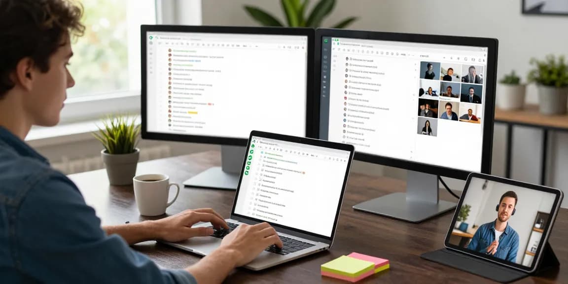 Engaging workspace using WhatsApp電腦版 on laptop with dual monitors, coffee, and natural light for productivity.