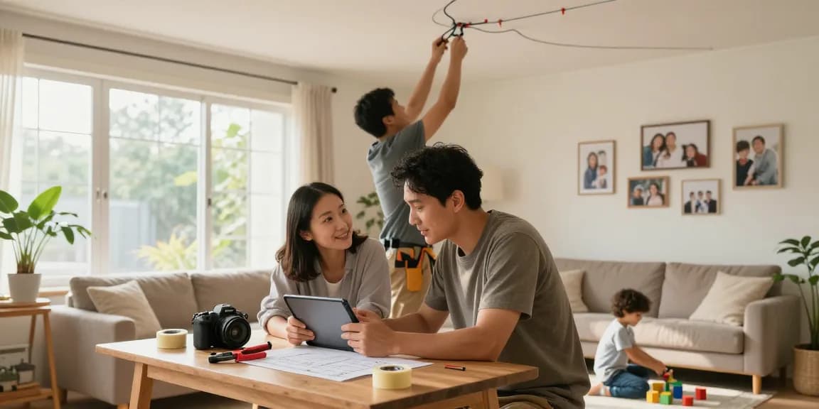 Complete home rewire project with family and professional electrician in a cozy living room.