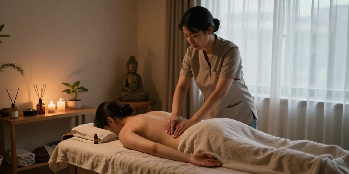 성수동출장안마을 받는 고객과 전문 마사지사의 편안한 마사지 치료 장면