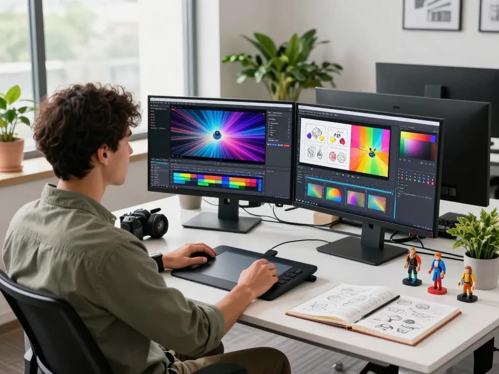 Creative professional using Seedance 2.0 in a modern workspace surrounded by vibrant storyboards and technology.