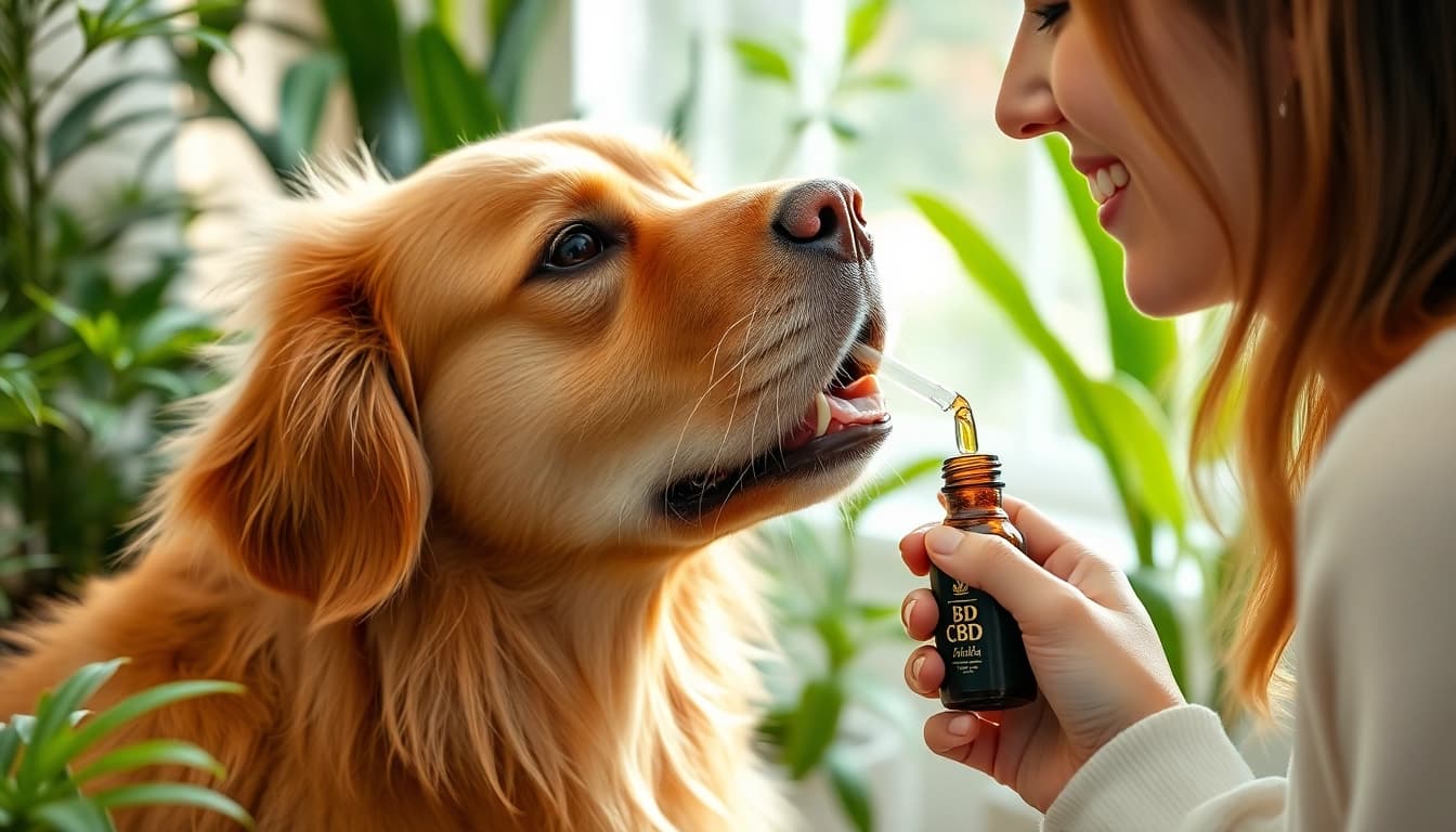 Administering CBD For Pet to a golden retriever in a warm, inviting environment.