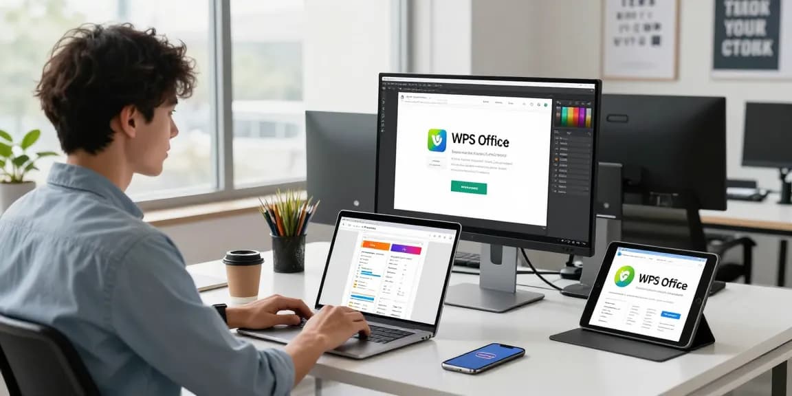 Download WPS Office with a young professional in a sleek office workspace showcasing productivity tools and devices.