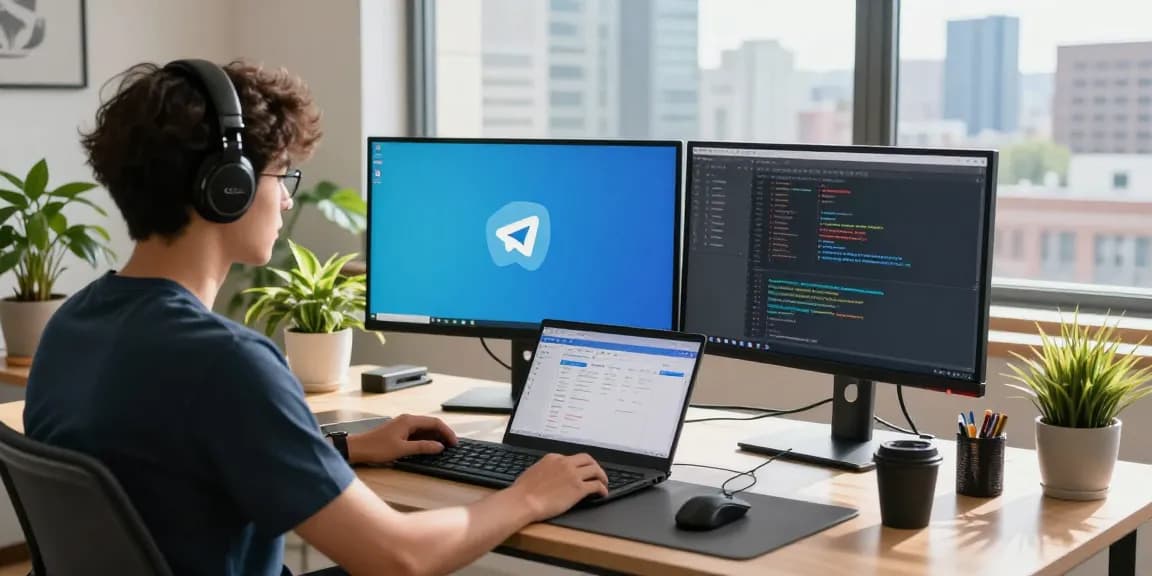 Telegram Download showcased in a modern workspace with coding tools and tech gadgets.