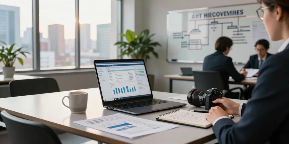 Asset tracing investigation scene in a modern office highlighting professional tools and teamwork.