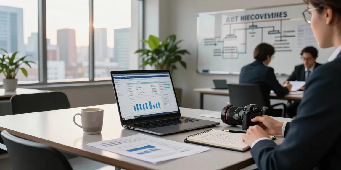 Asset tracing investigation scene in a modern office highlighting professional tools and teamwork.