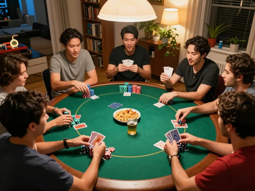 The hidden wiki link highlighted during a home poker night, with friends engaged in strategic gameplay, chips and cards visible.