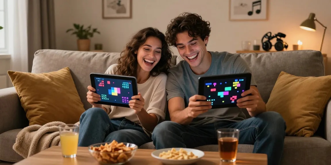 Couple playing engaging sex games on devices in cozy living room setting.