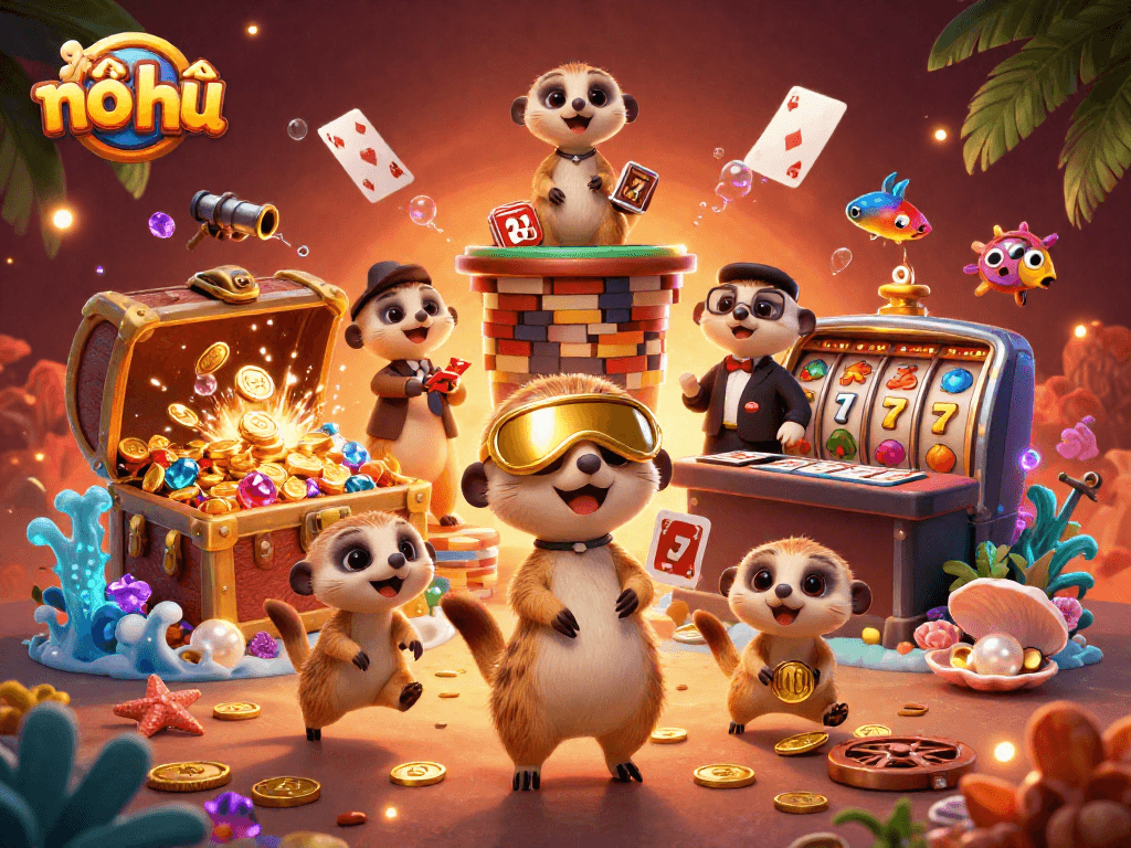 Nổ hũ experience with a vibrant 3D casino scene featuring meerkats and slot elements