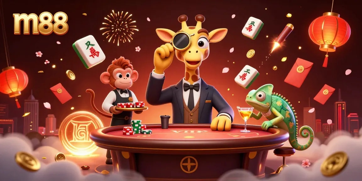 Experience thrilling m88 gaming with a high-roller giraffe at a lively poker table amidst vibrant casino elements.