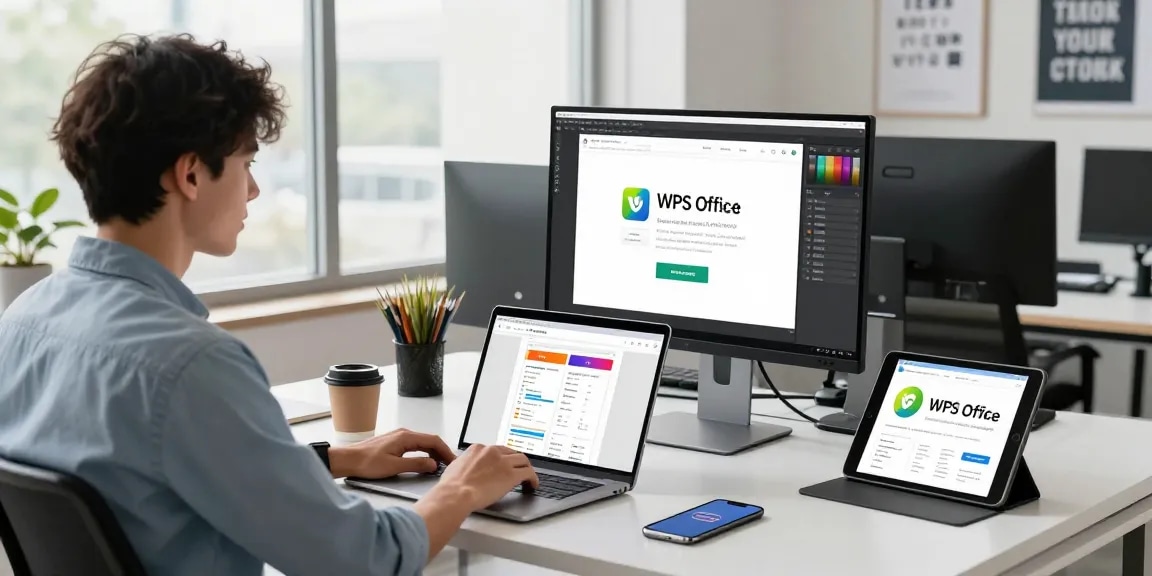 Download WPS Office with a young professional in a sleek office workspace showcasing productivity tools and devices.