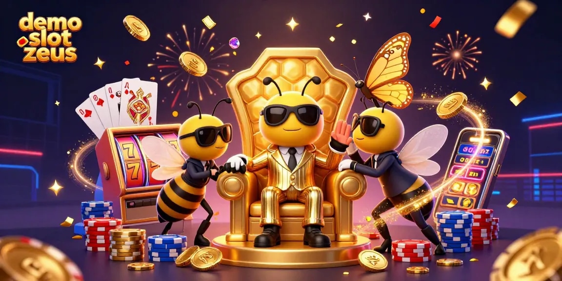 Engage with demo slot zeus while watching cartoon characters amid coins and vibrant casino elements.