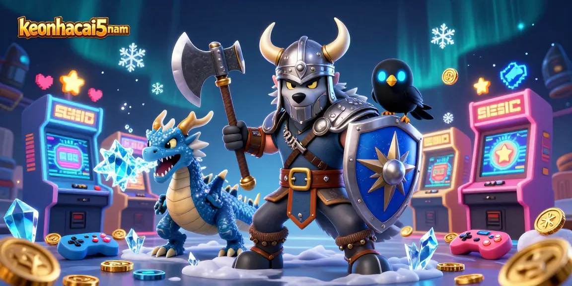Engage with keonhacai5nam and experience thrilling battles featuring a Viking wolf warrior, a dragon, and a raven amidst dynamic casino elements.