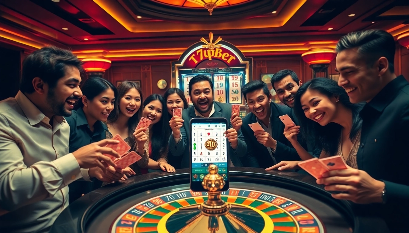 Players enjoying a thrilling moment at a casino table with 7upbet betting interface displayed.