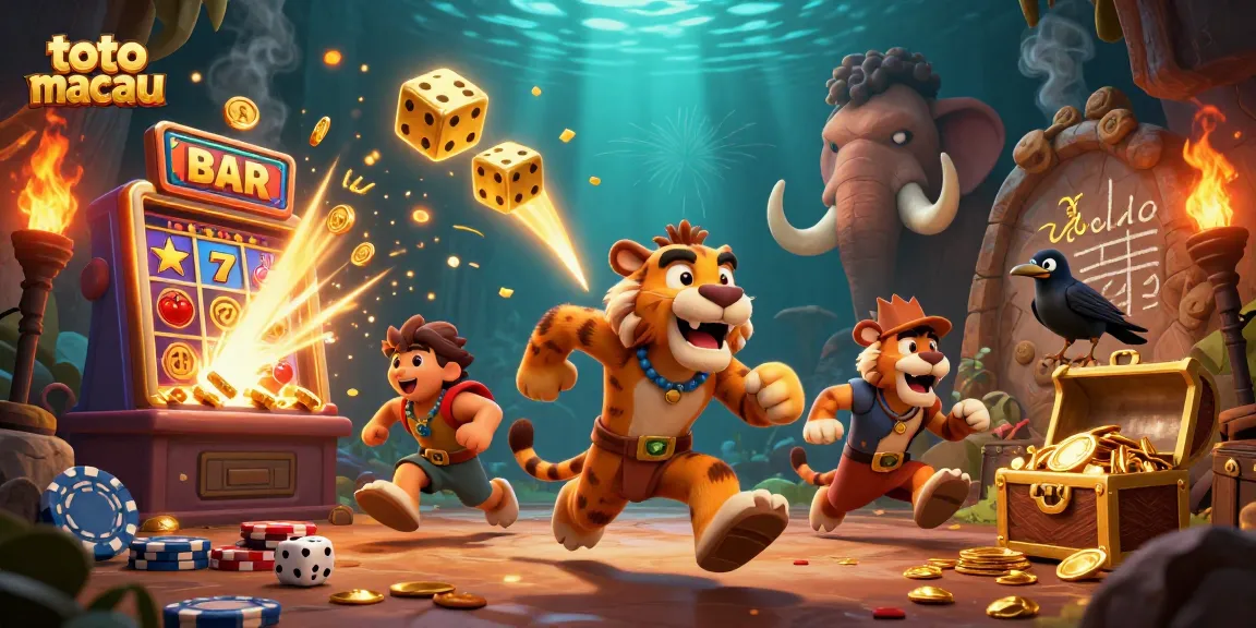 Engage in thrilling games at toto macau with a vibrant casino scene featuring exciting slot machines and characters.
