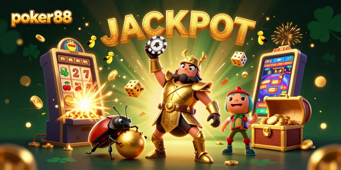 Experience poker88 action with a golden beetle championing jackpots, vibrant casino elements and enchanting fireflies.