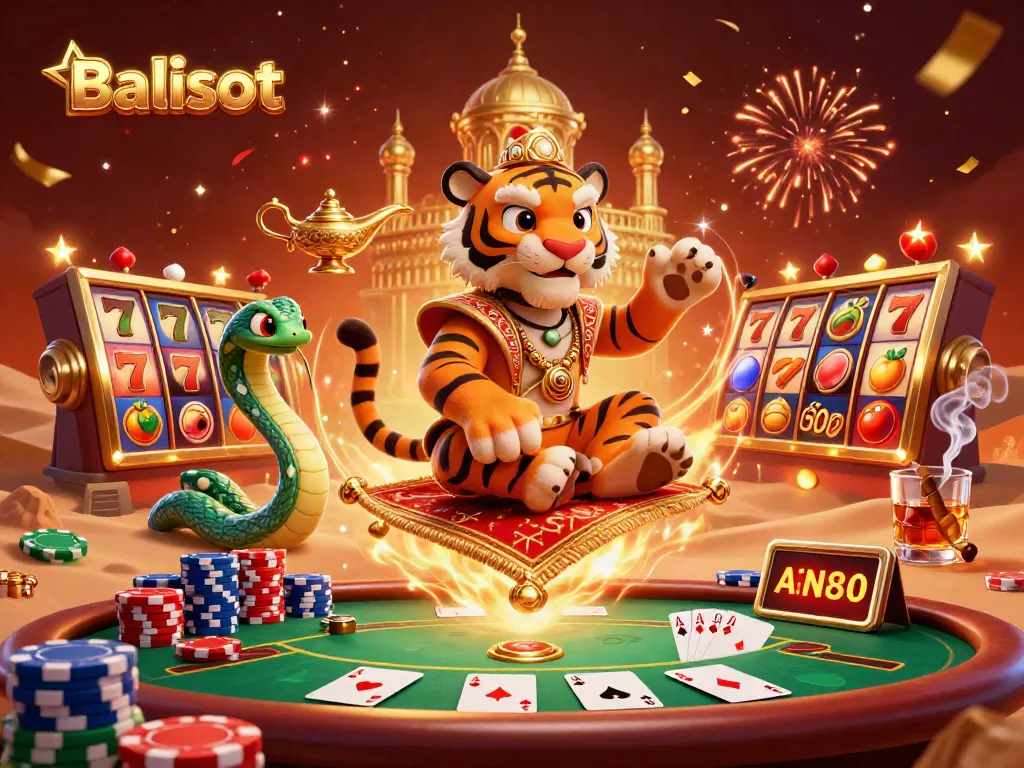 Engage with Balislot's thrilling casino experience featuring a tiger sultan amidst vibrant gaming elements.