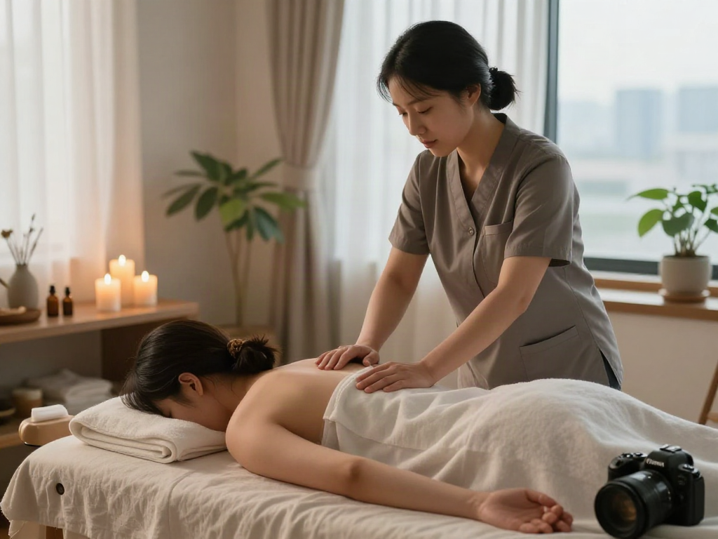 Experience a soothing 용산출장마사지 in a tranquil home setting with a therapist, candles, and aromatic oils for relaxation.