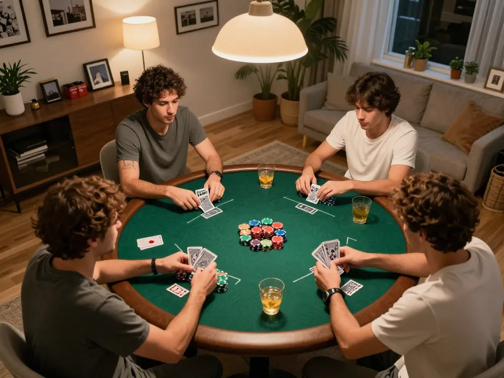 Players enjoying a poker night at home with friends, showcasing the Link Alternatif for social gaming experiences.