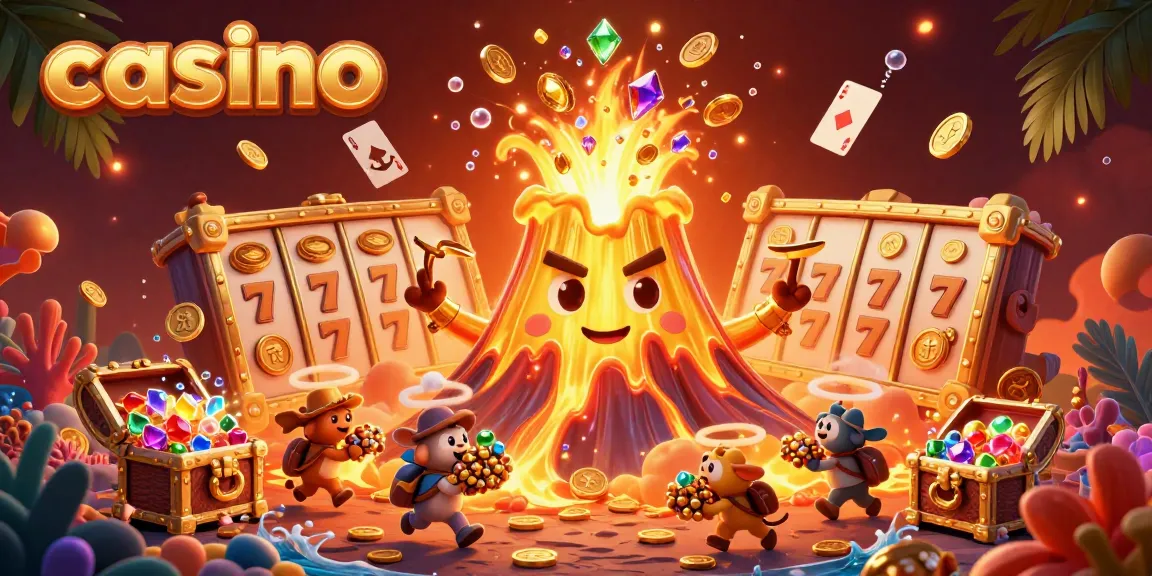 Experience the thrill of a casino with a golden volcano bursting coins and gems, highlighting jackpot excitement.