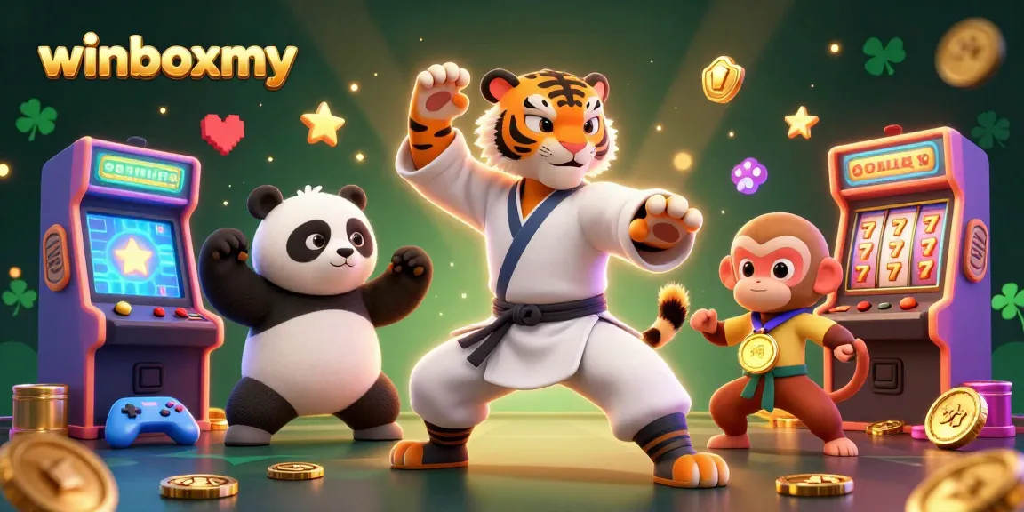 Experience the thrilling world of winboxmy, featuring dynamic characters in a vibrant casino scene.