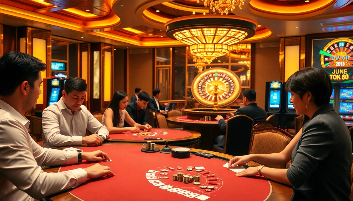 Players enjoy poker at Jun 88's luxurious casino tables filled with excitement.