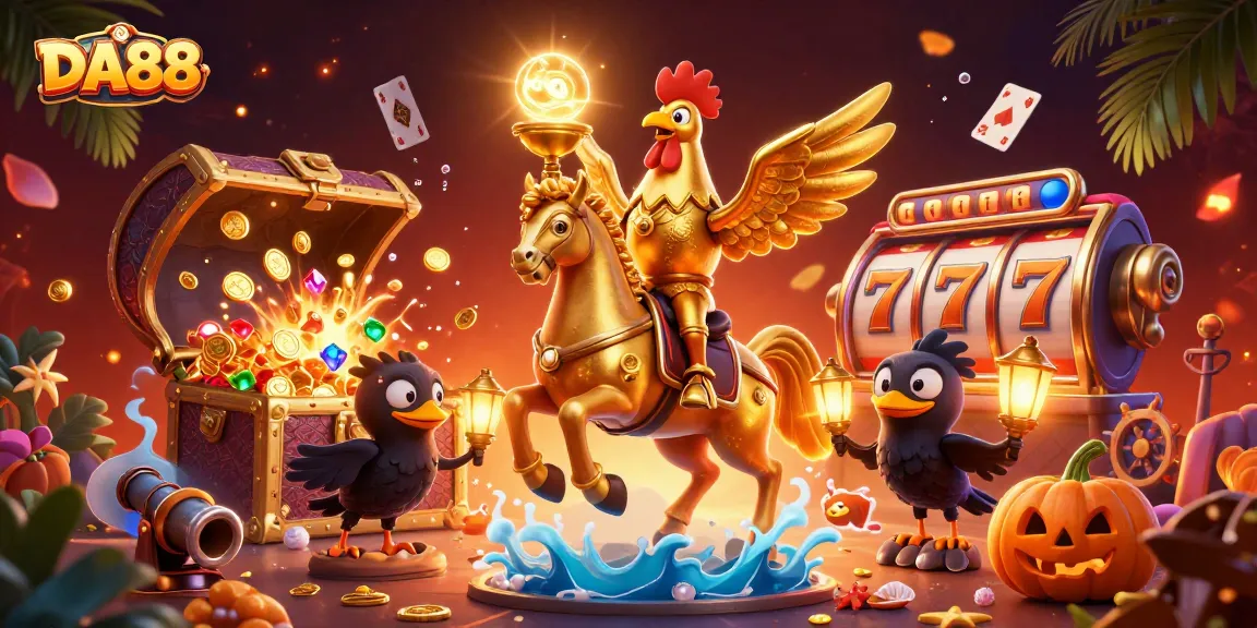 Experience thrilling gameplay with DA88 as a golden rooster amidst a vibrant casino scene.