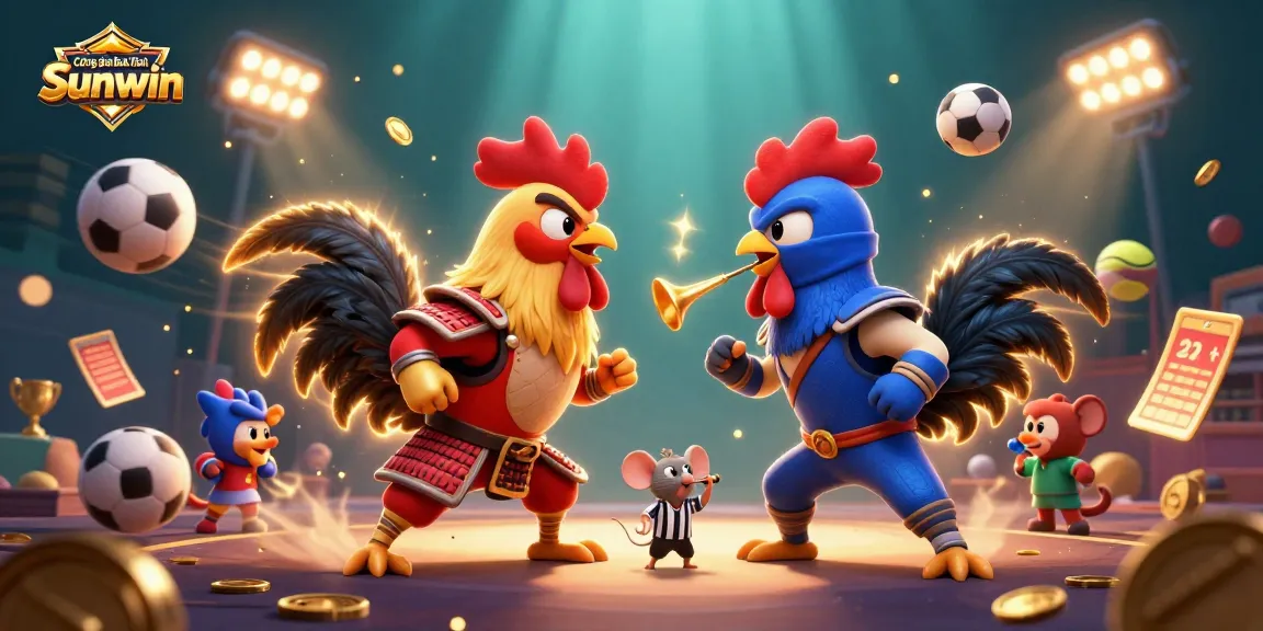 Cổng game bài đổi thưởng Sunwin features an epic standoff of cartoon fighting roosters in a vibrant, action-packed casino scene.