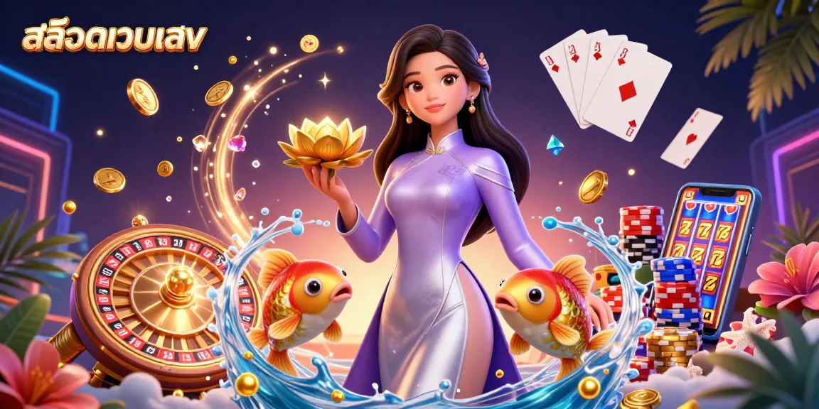 Experience vibrant gaming thrills with สล็อตเว็บตรง, featuring a detailed 3D scene of lucky symbols and casino elements.