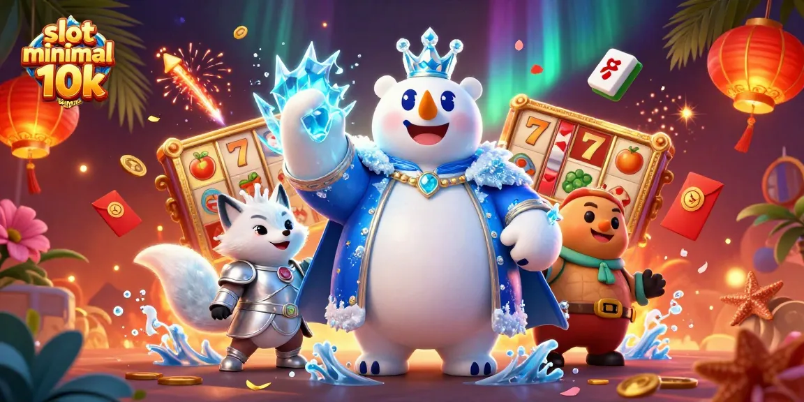 Slot minimal depo 10k dengan polar bear raja es dan rubah bersenjata di latar belakang kasino yang meriah.