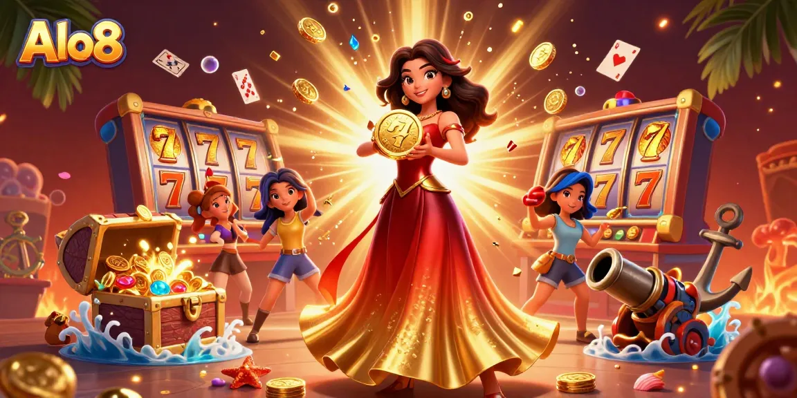 Alo8 offers an energetic casino scene with stunning Asian woman holding a golden coin amidst vibrant gaming elements.