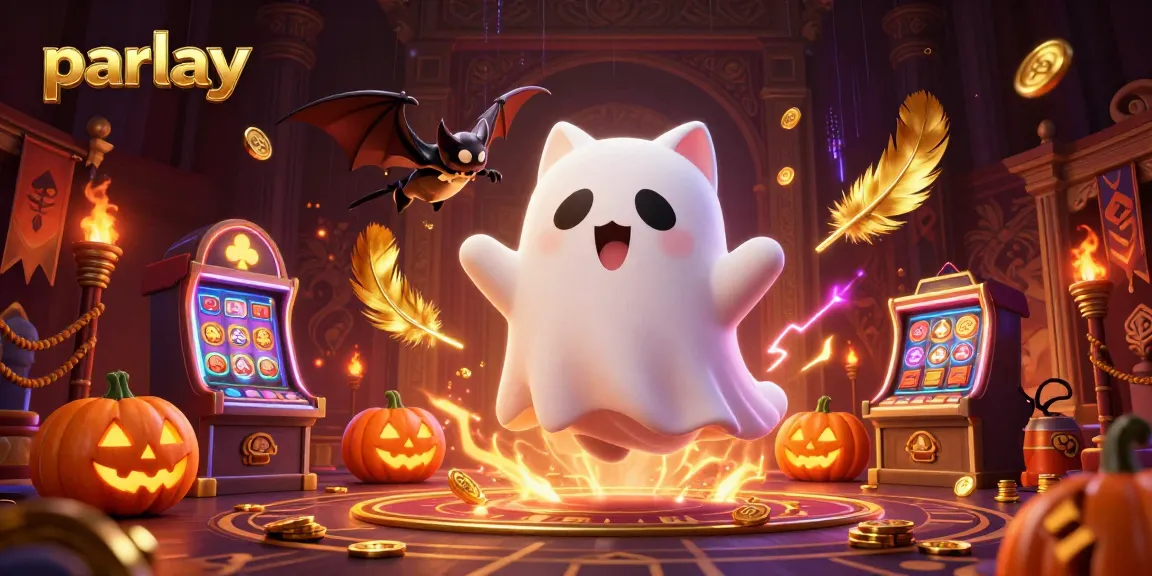 Place strategic parlay bets with a playful ghost cat and vampire bat in a thrilling casino scene.