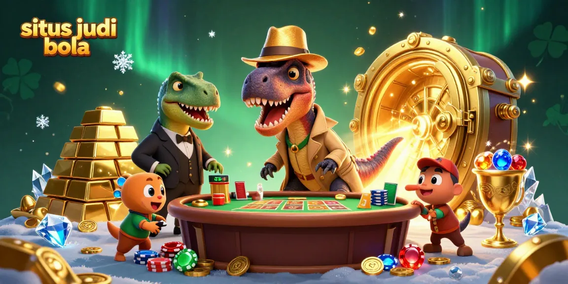 Situs judi bola illustration showcasing a velociraptor card counter at a sports betting table amid treasures.