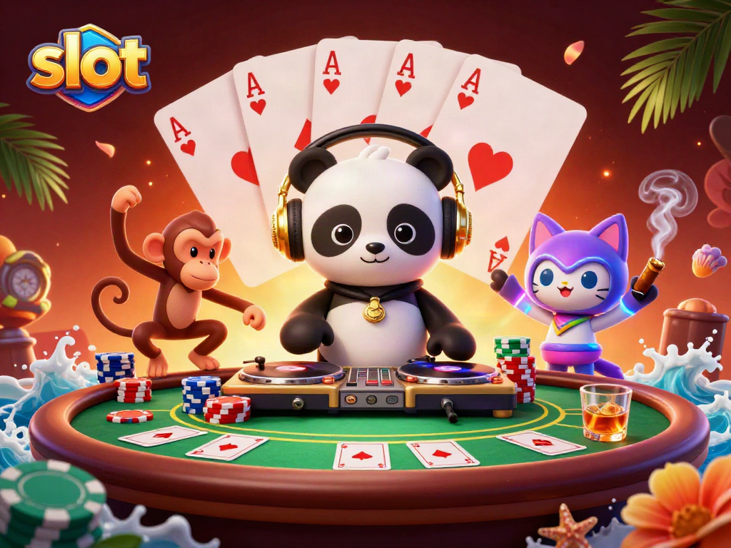 Engaging 3D illustration of a slot scene with vibrant DJ, monkey, and kitten characters.