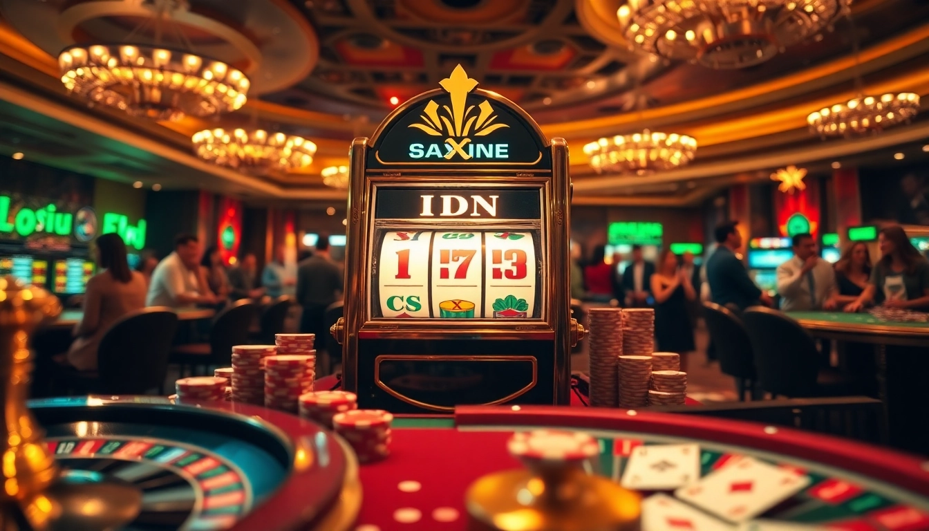 Experience the thrills of IDNSlot with an elegant casino setup featuring vibrant slot machines and poker chips.