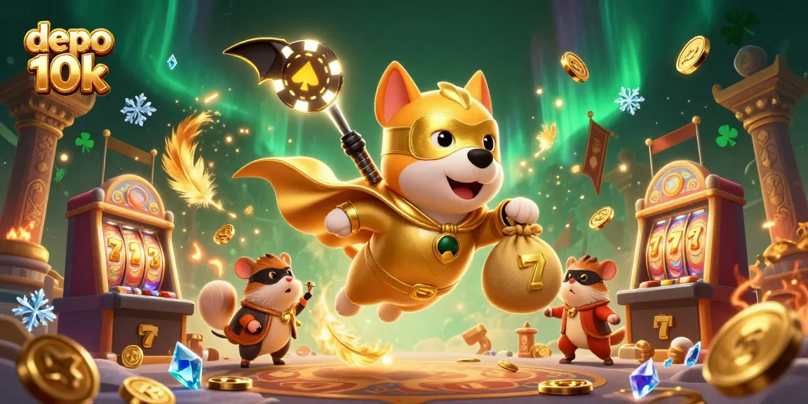 Play and win at depo 10k slots with our superhero dog and hamster in an exciting casino scene.