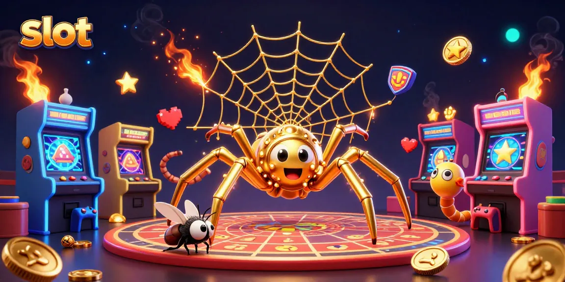 Engage with thrilling slot fun at a cartoon casino scene featuring a golden spider and vibrant game elements.