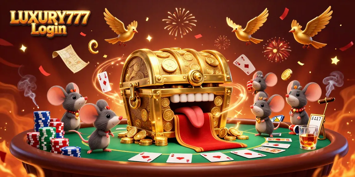 Tunjukkan LUXURY777 Login pada ilustrasi kasino 3D yang ramai dengan keberuntungan dan warna kontras yang menyenangkan