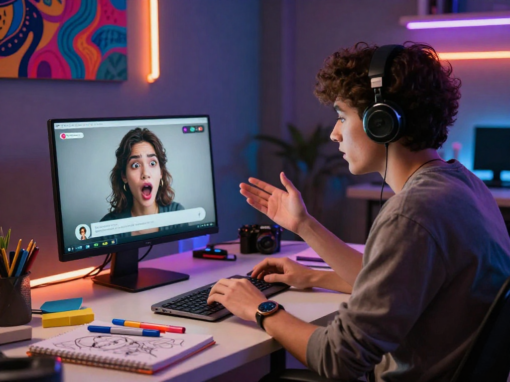 User engaged in hentai ai chat with a virtual avatar in a modern workspace