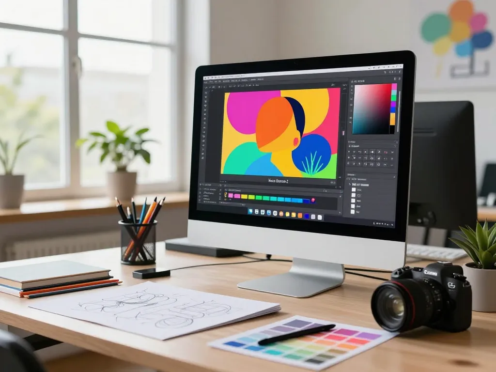 Creative graphic designer using nano banana 2 AI image editor in a vibrant tech workspace, surrounded by digital art projects and natural light.