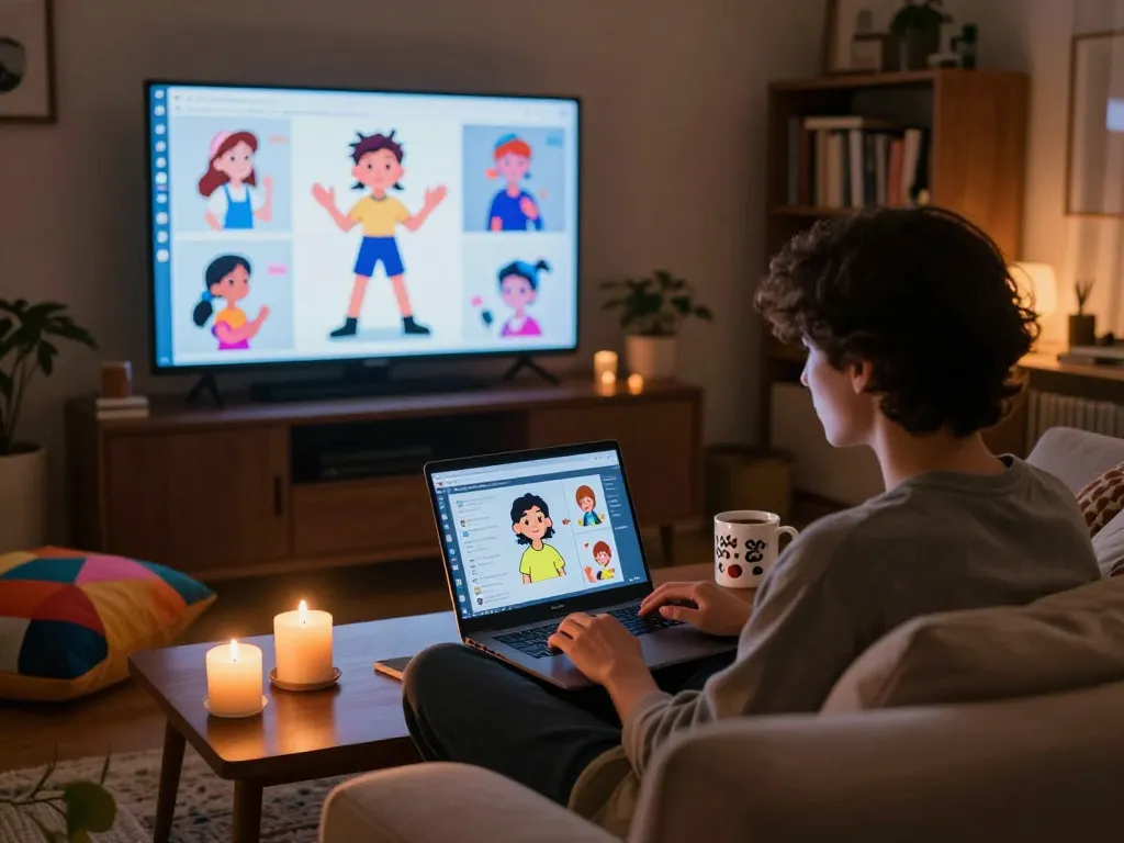 Engaging in NSFW AI chats on a cozy couch, colorful characters displayed.