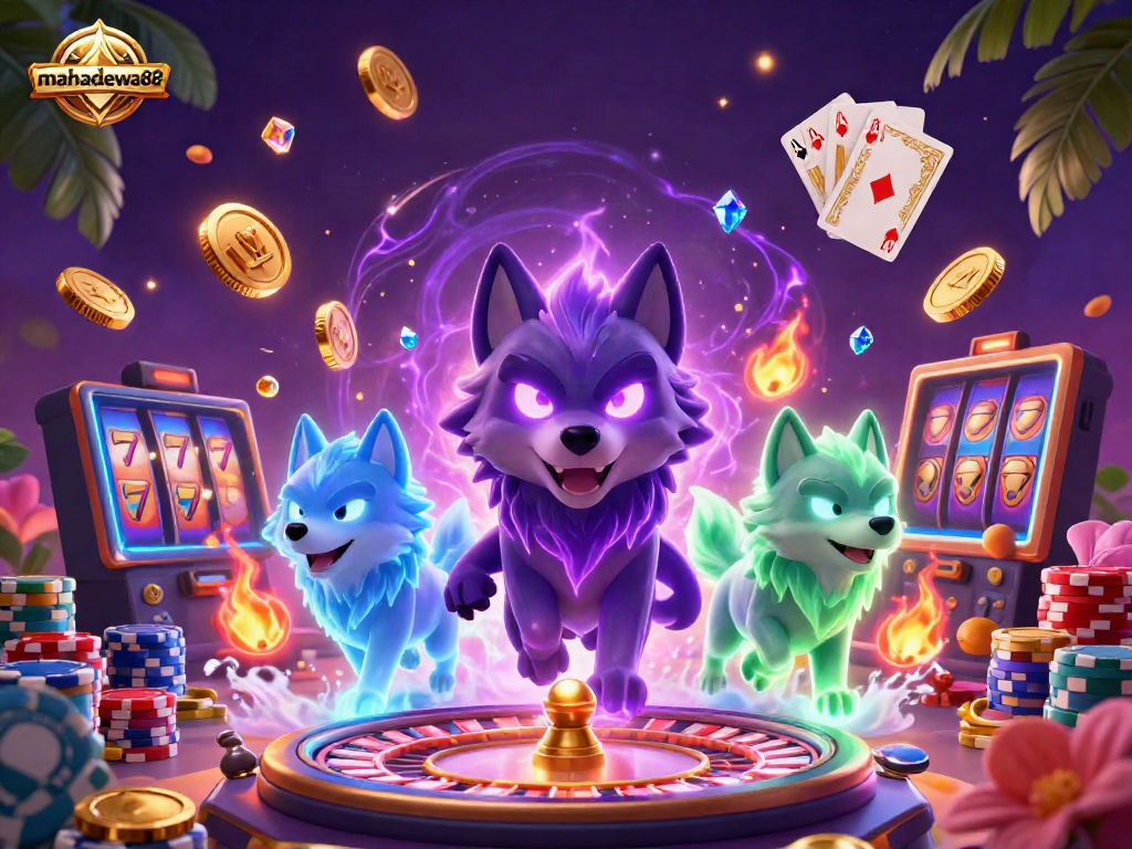 Engage in thrilling gameplay at mahadewa88 with a vibrant 3D illustration showcasing a spectral wolf pack and casino elements.