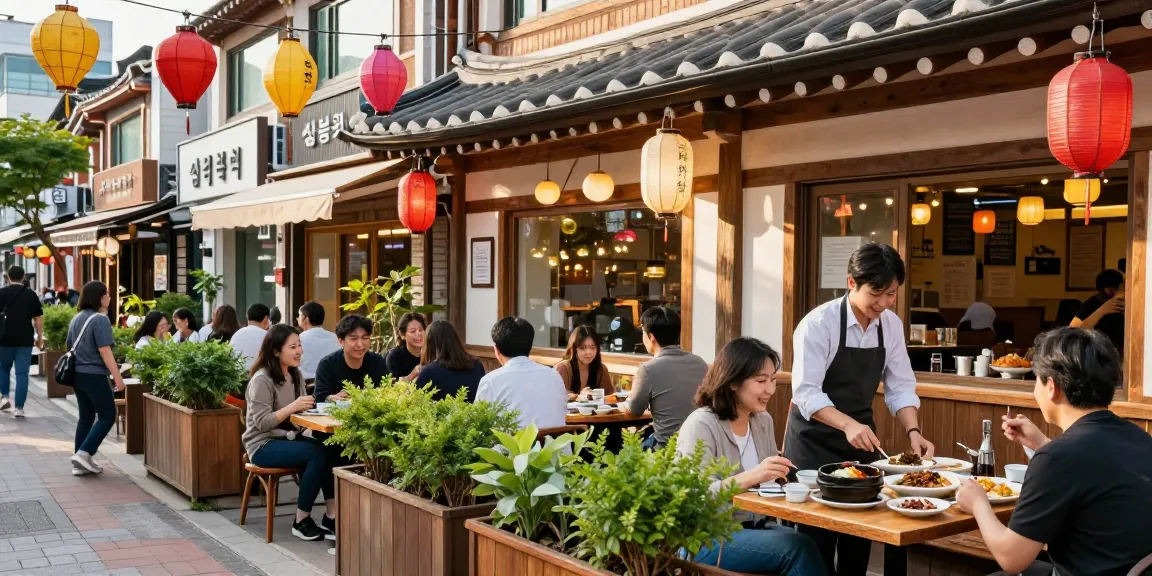 Enjoying a meal at 상봉동 한국관, a popular Korean restaurant with vibrant outdoor dining.