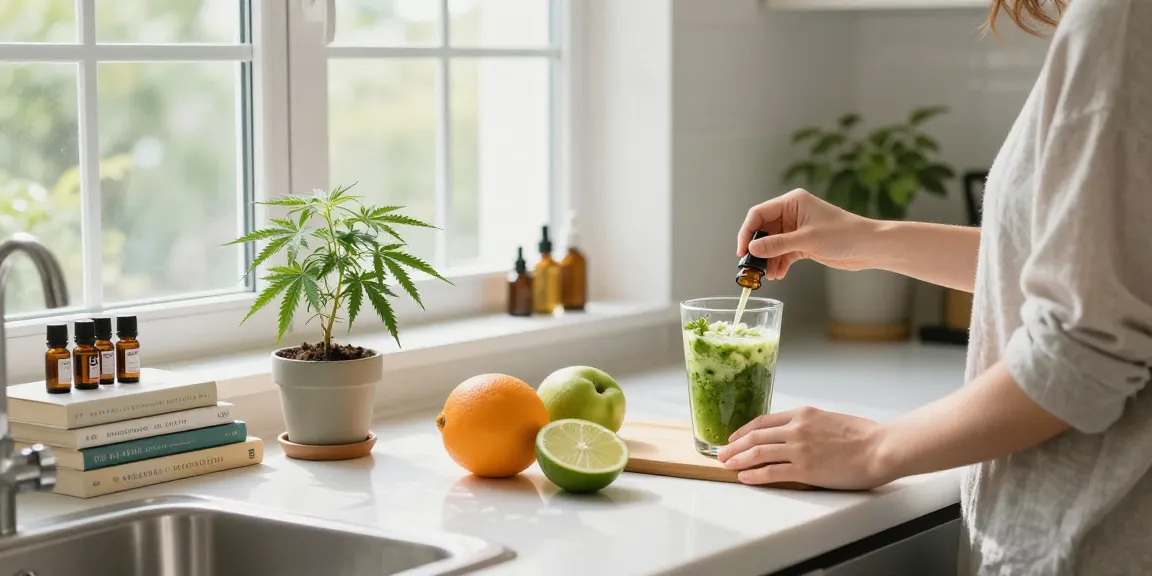 Edibles online with CBD oil, fresh fruits, and hemp plant in a bright kitchen, promoting natural wellness.