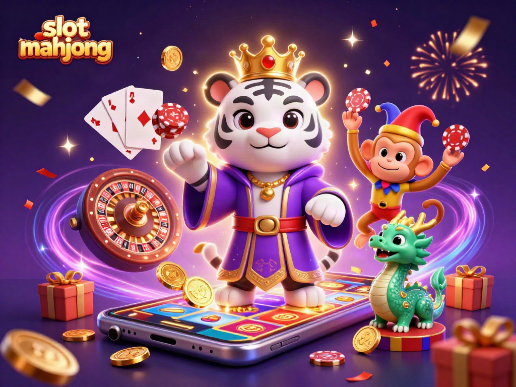 Engage with slot mahjong elements through a vibrant 3D casino scene featuring lively characters.