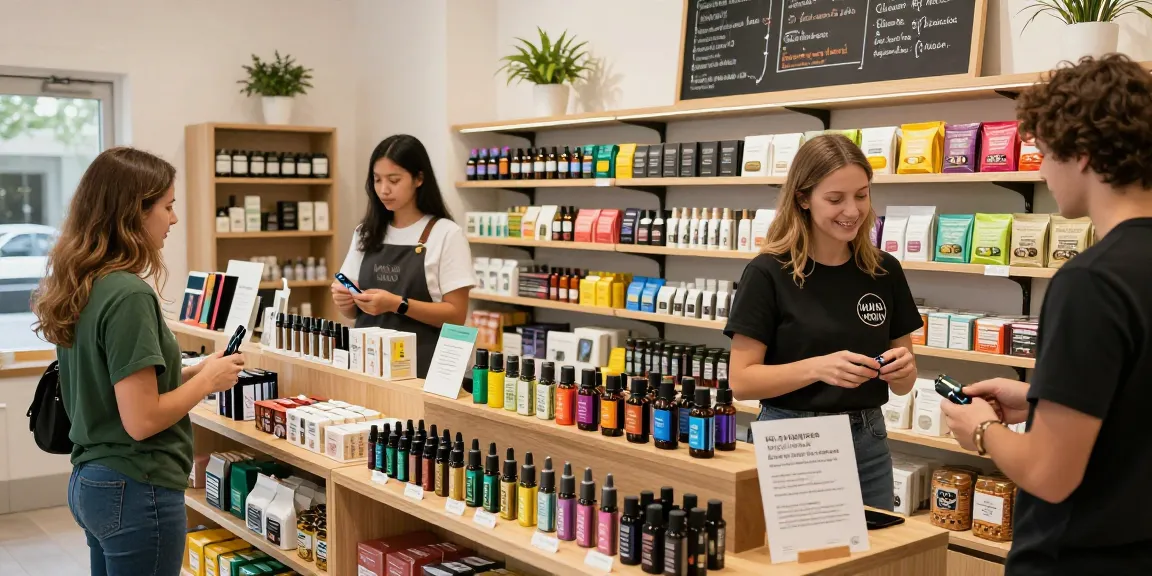 Muha Med cannabis products displayed in a vibrant retail environment, engaging customer interactions.