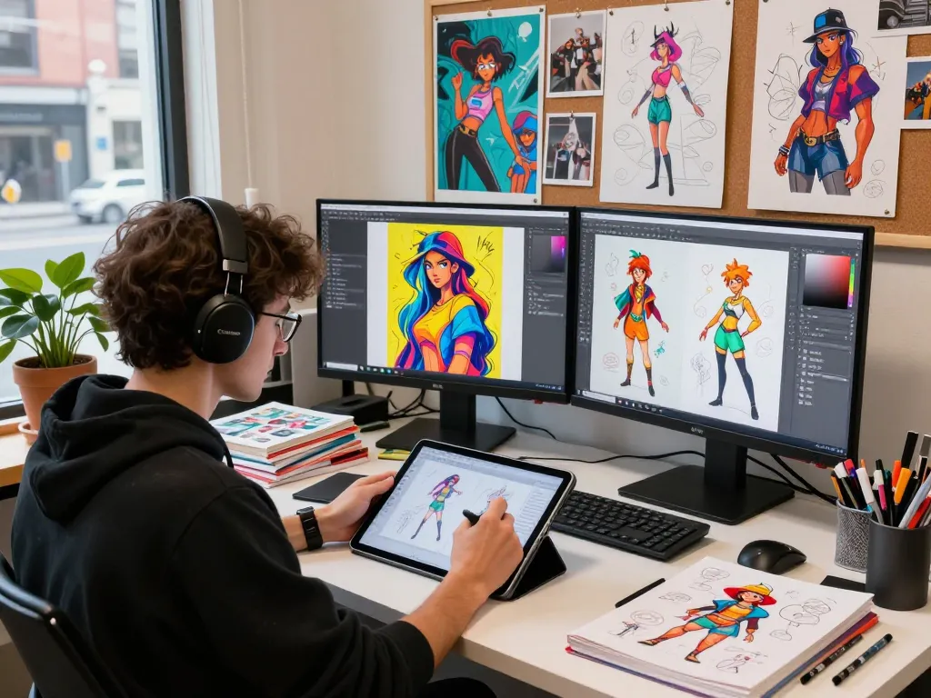 Creative designer illustrating NSFW character concepts in an artistic studio.