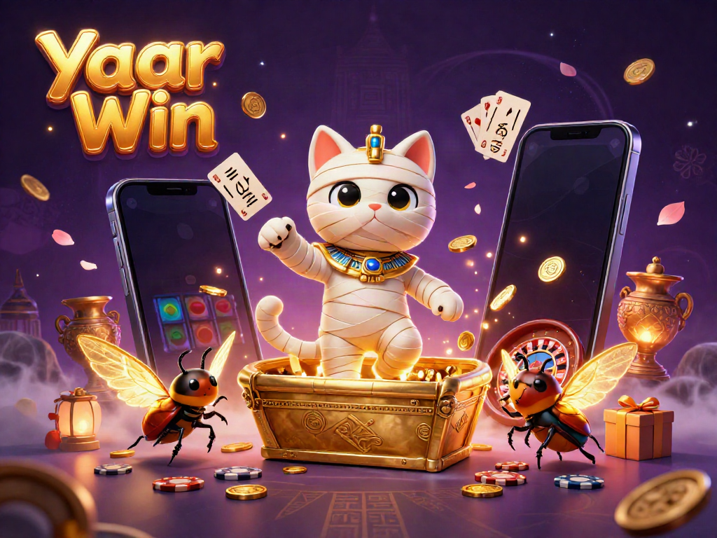 Experience Yaar Win's thrilling gameplay with the mummy cat and glowing scarab beetle amidst a vibrant casino scene.