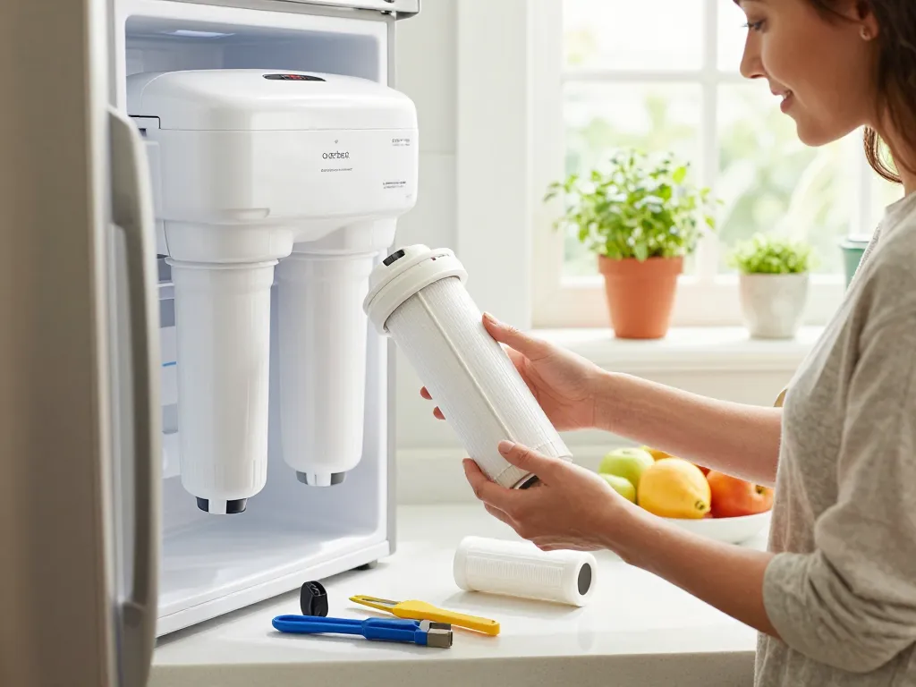 Person installing Overbest OB6013 Replacement for GE® MWF® water filter in a bright kitchen